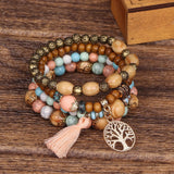 Cifeeo-Christmas Gift New Year's Eve Gift Boho Tree Of Life Bracelet Set For Women Fashion Tassels Charm Wooden Beads Elastic Chain Bangle Girl Trendy Party Jewelry