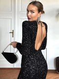 Cifeeo-new years eve outfits Christmas party outfits Elegant Round Neck Sequin Maxi Dress Slim Fit Backless Long Sleeve Bodycon Rodes New Autumn Winter Women Banquet Party Vestidos