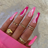 Cifeeo  New French Coffin Fake Nails With Designs Fashion Rose Red False Nails Press On Nails Long Ballerina Removable Nail Patches