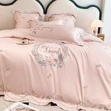 Cifeeo-Pink Vintage Rose Flowers Embroidery Princess Bedding Set, 100s Egyptian Cotton, Curve Edge Duvet Cover, Bed Sheet, Pillowcases