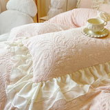 Cifeeo-Autumn and Winter Bedding Set Winter Warm Carved Velvet Bedding Set Pink Princess Lace Ruffles Removable Bow Duvet Cover Set Bedskirt Bedspread Pillowcases