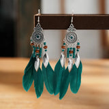 Cifeeo-Christmas Gift New Year's Eve Gift Bohemian Ethnic Feather Drop Earrings For Women Elegant Wood Beads Leaf Long Tassels Dangle Earring Girls Fashion Party Jewelry