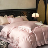 Cifeeo-4Pcs Luxury Embroidery Ruffles Bedding Set 1000TC Lyocell Cotton Soft Silky Duvet Coves Set Flat/Fitted Bed Sheet Pillowcases