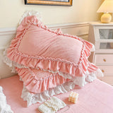 Cifeeo-Autumn and Winter Bedding Set Korean Princess Style Soft Velvet Fleece Bedding Set Double Layer Ruffles Fluffy Short Plush Duvet Cover Bed Skirt Pillowcases