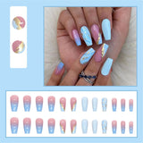 Cifeeo Fashion Pink Blue Blooming French Tips Coffin Fake Nail Tips With Designs Ballerina False Nails Set Press On Nails DIY Manicure