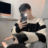 Cifeeo-Winter Outfits Men chill guy Men's O Neck Patchwork Knitted Pullover Sweater Casual Vintage Loose Light Luxury Korean Popular Long Sleeve Winter Clothing