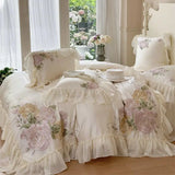 Cifeeo-Flowers Embroidery Lace Ruffles French Princess Wedding Bedding Set Lyocell Cotton Soft Silky Duvet Cover Bed Sheet Pillowcases