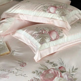 Cifeeo-4Pcs Pink Champagne Blue Chic Flowers Embroidery Bedding Set 1000TC Egyptian Cotton Duvet Cover Flat/Fitted Bed Sheet Pillowcase