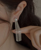 CIFEEO- Skinny Silk Sterling Silver Pearl Tassel Drop Earrings ZZ005