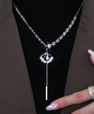 CIFEEO- Style Silk Sterling Silver Zircon Ginkgo Leaf Tassel Lariat Necklace GH1004