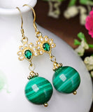 CIFEEO- Sterling Silver Overgild Zircon Malachite Drop Earrings