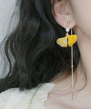 CIFEEO- Stylish Yellow 14K Gold Pearl Ginkgo Leaf Tassel Drop Earrings GH1070