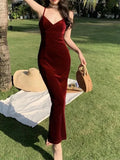 Cifeeo-Summer Women Sexy Velvet Spaghetti Strap Bodycon Dress Femme Split High Waist Midi Dress Evening Party Vestdios