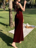 Cifeeo-Summer Women Sexy Velvet Spaghetti Strap Bodycon Dress Femme Split High Waist Midi Dress Evening Party Vestdios