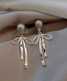 CIFEEO- Unique Silk Sterling Silver Metal Pearl Bow Drop Earrings GH1015