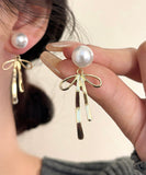 CIFEEO- Unique Silk Sterling Silver Metal Pearl Bow Drop Earrings GH1015