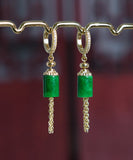 CIFEEO- Vintage Gold Sterling Silver Overgild Inlaid Jade Tassel Drop Earrings KX1011