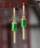 CIFEEO- Vintage Gold Sterling Silver Overgild Inlaid Jade Tassel Drop Earrings KX1011