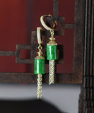 CIFEEO- Vintage Gold Sterling Silver Overgild Inlaid Jade Tassel Drop Earrings KX1011