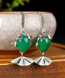 CIFEEO- Sterling Silver Inlaid Gem Stone Chalcedony Goldfish Drop Earrings