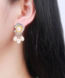 CIFEEO- White Sterling Silver Overgild Jade Tassel Drop Earrings