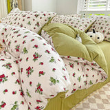 Cifeeo-2025 Spring Bedding Set Cute Strawberry Duvet Cover Set Floral Style with Flat Sheet Pillowcase No filler Queen Double Girls Boys Home Decor Bed Linens