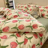 Cifeeo-2025 Spring Bedding Set Cute Rabbit Bedding Set Ins Style Floral Duvet Cover No Filler Pillowcases Flat Sheet Single Full Size Girls Bed Linens