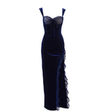 Cifeeo-Wedding Guest Dresses for Women 2025 Autumn Maxi Velvet Dress Sexy Split Blue Bodycon Evening Party Dress Elegant