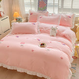 Cifeeo-2025 Spring Bedding Set Kawaii Princess Bedding Set with White Ruffles Korean Style Girls Single Full Duvet Cover No Filling Flat Sheet Pillowcases Kit