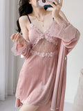 Cifeeo-Sexy Sleepwear Women's Autumn and Winter New Gold Velvet Home Suit Set, Suspender Nightgown 2-piece Nightgown Set