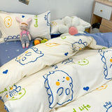 Cifeeo-2025 Spring Bedding Set Cute Bear Bedding Set Girls Boys Kids Single Double Size Flat Sheet Duvet Cover Pillowcase Bed Linens White Blue Home Textile