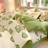 Cifeeo-2025 Spring Bedding Set Ins Floral Bedding Set with Duvet Cover No Filler Green Cream Pillowcase Flat Sheet Kid Adult Single Double Size BedSpread