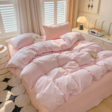 Cifeeo-2025 Spring Bedding Set Ins Pink Plaid Bedding Set No Filler Twin Queen Size Comforter Cover Flat Sheet Pillowcase Girls Boys Solid Blanket Duvet Duvet