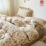 Cifeeo-2025 Spring Bedding Set Cute Floral Duvet Cover Set Ins Korean Style with Flat Sheet Pillowcase No filler Washed Cotton Queen Double Home Bed Linens