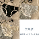 Cifeeo-3 Pcs Female Underwear for Women Lace Bow Panties Korean Mid Rise Pack Set Ruffles Lingerie Schoolgirl 2024 Summer Briefs New