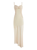 Cifeeo-Summer Long Dresses for Women 2025 New Arrivals Beige Elegant Lace Dress with Hem Spaghetti Strap Bodycon Party Dress