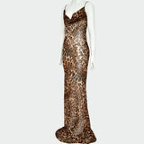 Cifeeo-Summer Leopard Sexy See Through Dress Maxi Backless Sheer Beach Dress Lace Up Elegant Floor Length Holiday Dress