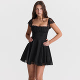 Cifeeo-Summer Lace Patchwork Square Neck Dress Mini Casual A Line Holiday Birthday Dress Black Lace Up Women's Clothing