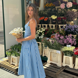 Cifeeo-Elegant and Beautiful Women Dresses 2025 Summer Spaghetti Strap Long Plaid Dress with Pocket Female Vacation Dress