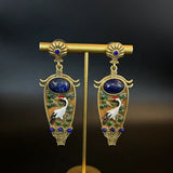 Cifeeo-vintage Valentines Gift Oriental romantic style enamel auspicious crane mural stud earrings necklace vintage lapis lazuli glazed set-Mom's Gift