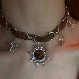 Cifeeo-Vintage Jewelry Y2K Style 2024 New Tiger's-Eye Necklace Vintage Punk Sun Star Moon Leather Trendy INS Pendant Choker for Women Jewelry