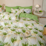 Cifeeo-2025 Spring Bedding Set Cream Green Floral Duvet Cover Set No Filler Ins Style Full Size Girls Boys Flat Sheet Pillowcase Bedspread Cute Kawaii Bedding