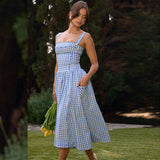 Cifeeo-Elegant and Beautiful Women Dresses 2025 Summer Spaghetti Strap Long Plaid Dress with Pocket Female Vacation Dress