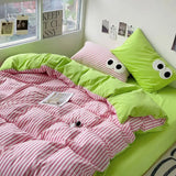 Cifeeo-2025 Spring Bedding Set Korean Duvet Cover Set No Filler Pink Green Strips Cute Eyes Flat Sheet Pillowcase Single Double Size Boys Girls Bed Linen