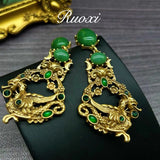 Cifeeo-vintage Valentines Gift European and American Fashion Trend Retro Art Emerald Inlaid with Glass Dragon Element Relief Pendant Earrings-Mom's Gift