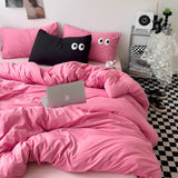 Cifeeo-2025 Spring Bedding Set Ins Style Big Eyes Duvet Cover No Filling Double Mix Color Flat Sheet Pillowcases Washed Cotton Embroidery Queen Bedding Set