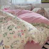 Cifeeo-2025 Spring Bedding Set Cream Green Floral Duvet Cover Set No Filler Ins Style Full Size Girls Boys Flat Sheet Pillowcase Bedspread Cute Kawaii Bedding