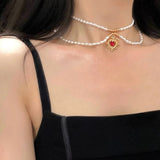 Cifeeo-Vintage Jewelry Y2K Style Kpop Vintage Love Heart Pendant Choker Necklace For Women Zircon Pearl Chain Party Aesthetic Jewelry Christmas Gift Hot Sale