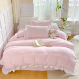 Cifeeo-2025 Spring Bedding Set Korean Princess Style Duvet Cover Set No Filling Pink Blue Soft Washed Cotton Girls Favorite Ruffles Bed Linen Pillowcases