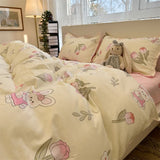 Cifeeo-2025 Spring Bedding Set Cute Rabbit Bedding Set Ins Style Floral Duvet Cover No Filler Pillowcases Flat Sheet Single Full Size Girls Bed Linens